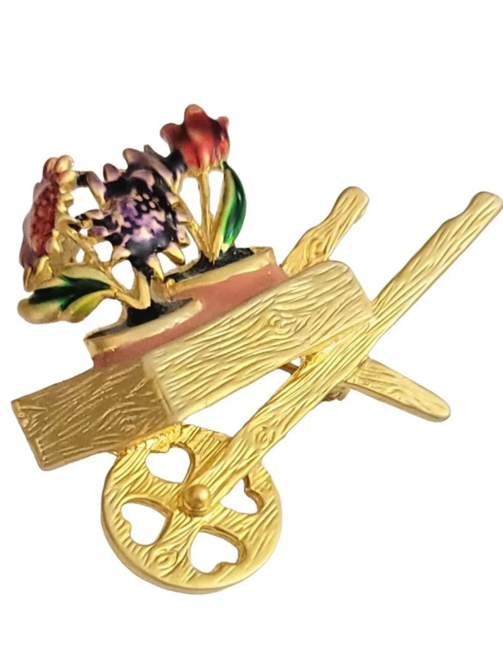 Gold Tone Pink Purple Enamel Flower Cart Wheel Barrow Brooch Pin, M427